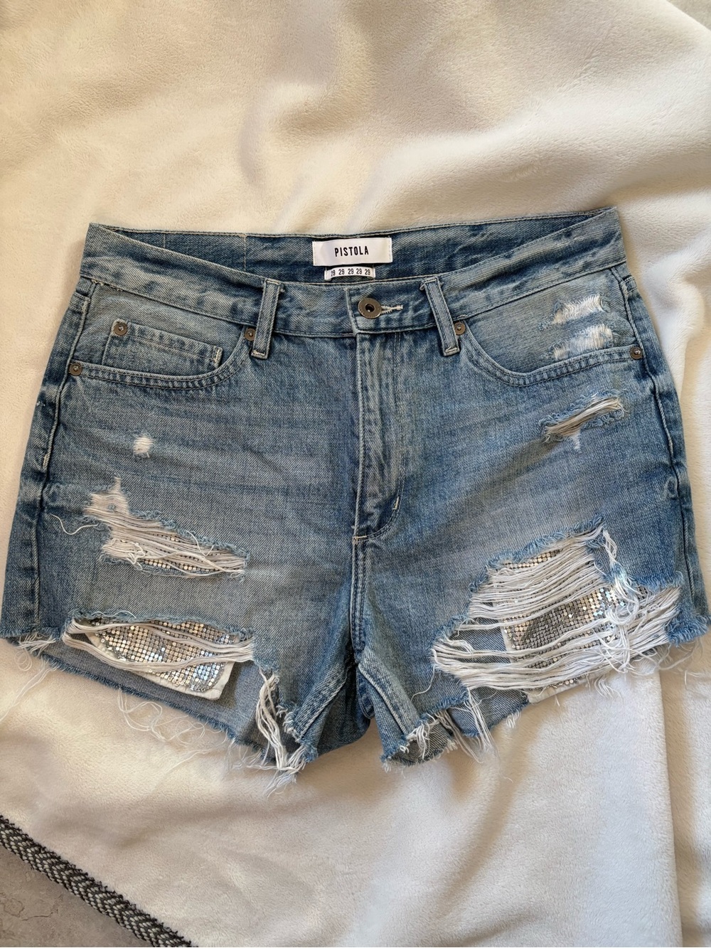 Pistola Distressed Denim Shorts in Light Blue with Sequin Pockets